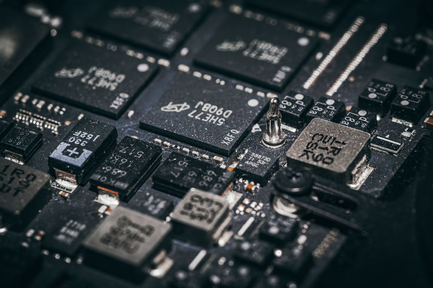 Close-up of microchips on a circuit board